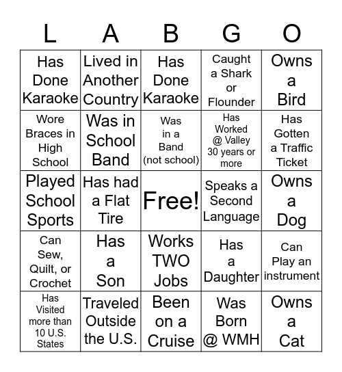 Lab Week 2016             (can only use people 2 x's) Bingo Card