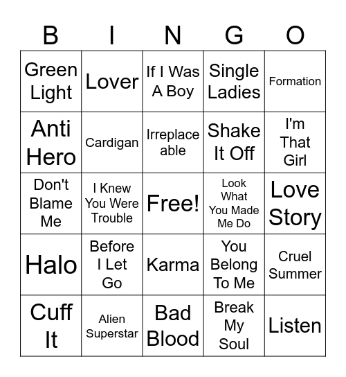 Tay - Bey Bingo Card