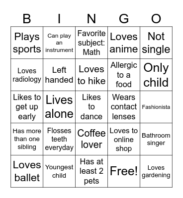 GET TO KNOW ME BINGO Card