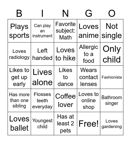 GET TO KNOW ME BINGO Card