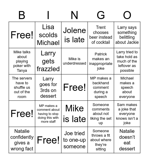 CP Holiday Dinner Bingo Card