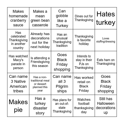 Thanksgiving BINGO Card