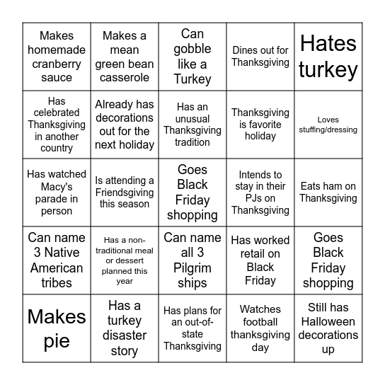 Thanksgiving BINGO Card