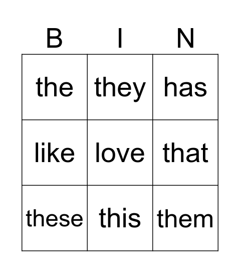 Power Words Bingo Card