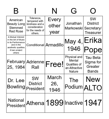 Tau Beta Sigma Bingo Card