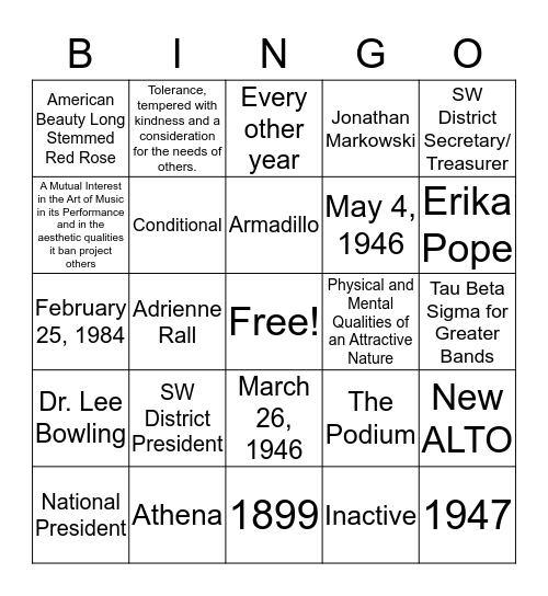 Tau Beta Sigma Bingo Card