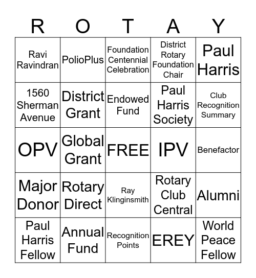 Rotary Foundation Bigno Bingo Card