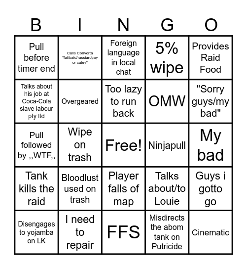 World Of Warcraft Raid Bingo Card