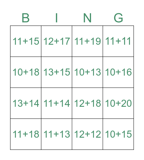 2-Digit Additions Bingo Card