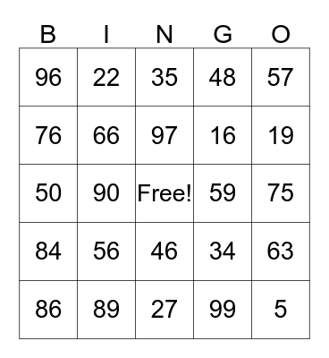 maths bingo card Bingo Card