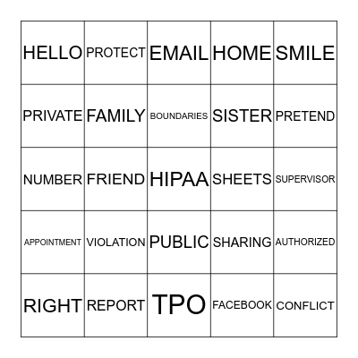 SHS HIPAA BINGO Card