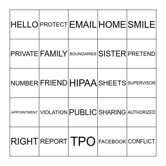 SHS HIPAA BINGO Card