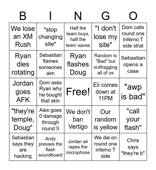 CSGO With the Boys Bingo Card