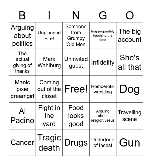 VinCo Thanksgiving Movie Bingo Card