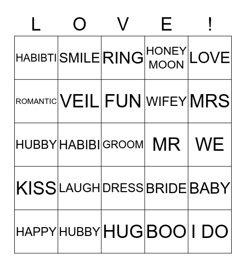 J's Bridal Shower Bingo Card