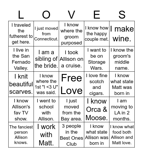 Happy Couple BINGO Card