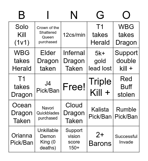 League NA Watch Party Bingo Card