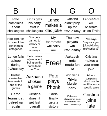 2v2uesday Bingo Card