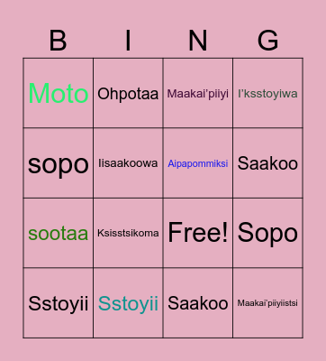 Blackfoot Seasons/Weather Bingo Card