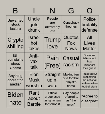 Thanksgiving Relatives Topics Bingo Card