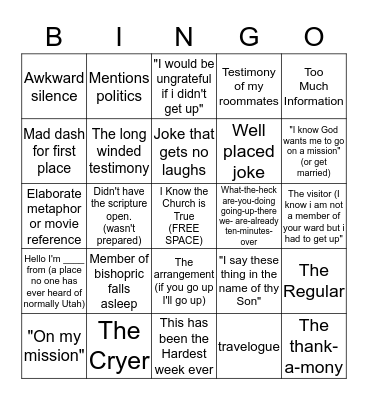 Singles Ward Bingo Card