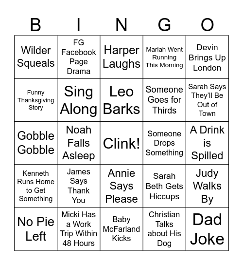 Alex's Friendsgiving Bingo Card