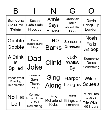 Sarah's Friendsgiving Bingo Card