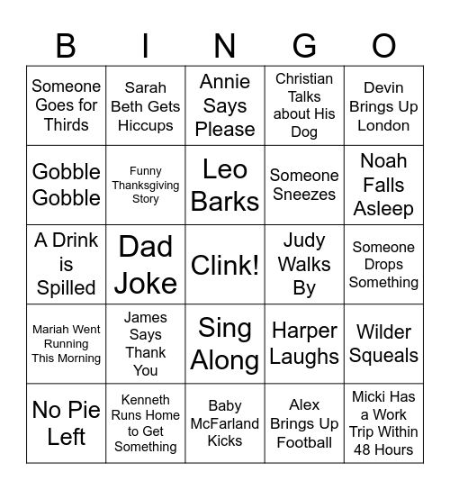 Sarah's Friendsgiving Bingo Card