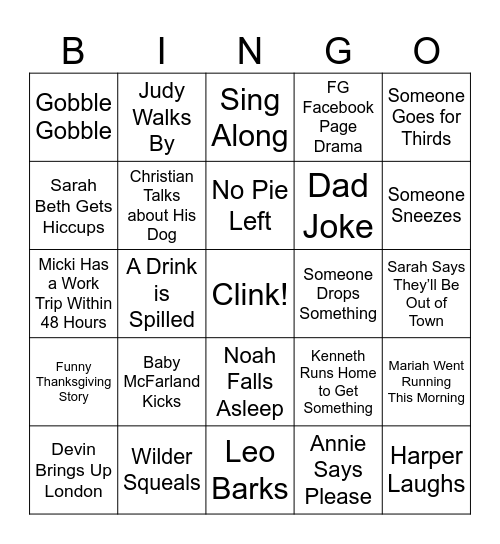 James' Friendsgiving Bingo Card