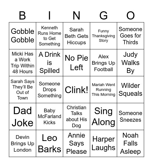 James' Friendsgiving Bingo Card