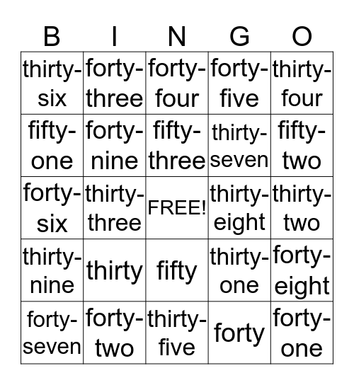 Number Words 30 to 53 Bingo Card