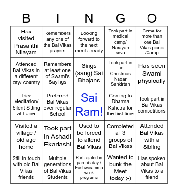 Bal Vikas Alumni Meet 2023 Bingo Card