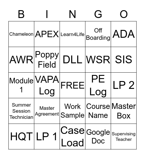 Summer Session 2016 Bingo Card