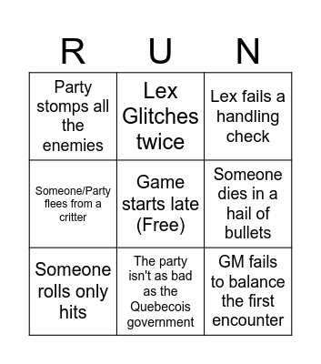 Shadowrun session 1 Bingo Card
