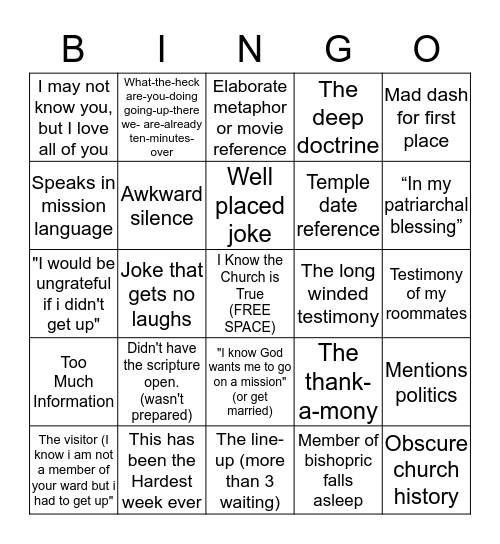 Singles Ward Bingo Card
