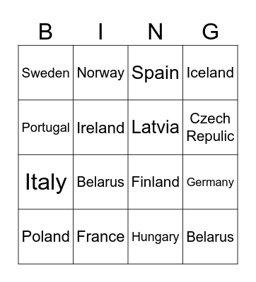 European countries Bingo Card
