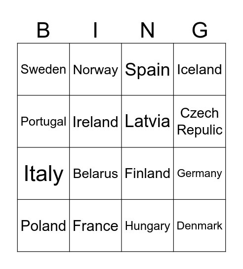 European countries Bingo Card