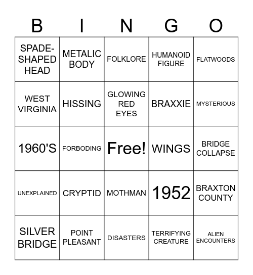 Cryptid Bingo Card