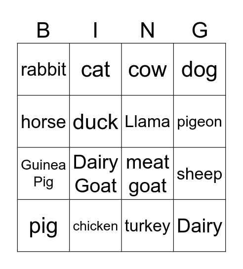 Animal Bingo Card