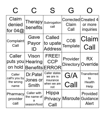 Call center Bingo Card