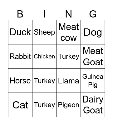 Animal Bingo Card