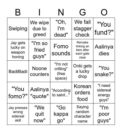 Fomo static Bingo Card