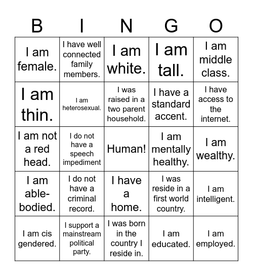 Privilege Bingo Card