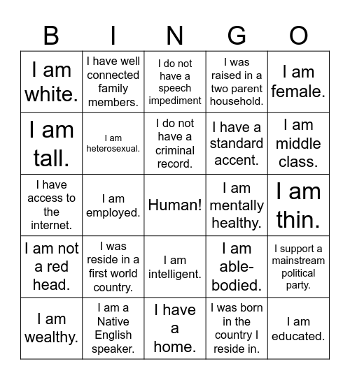 Privilege Bingo Card