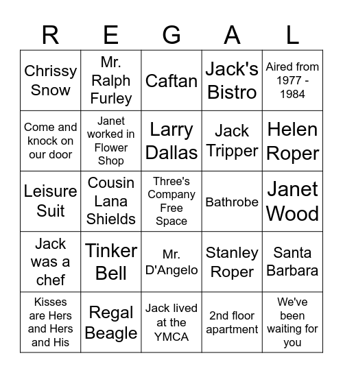 Three's Company Bingo Card