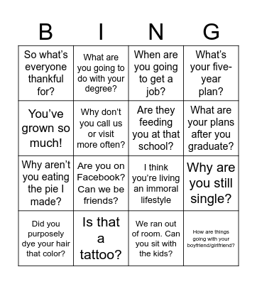 The Joys of Thanksgiving Bingo Card