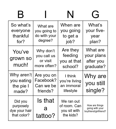 The Joys of Thanksgiving Bingo Card