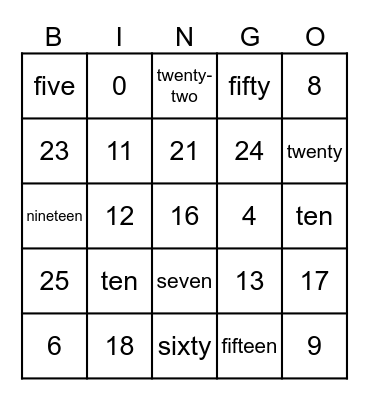 Numbers 0- 100 and letters Bingo Card