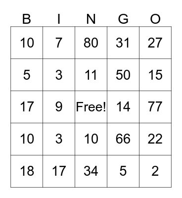 Number Bingo Card