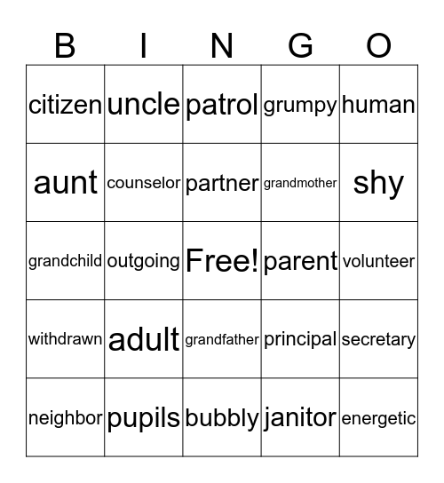 Vocabulary Bingo Card